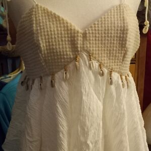 New,boho shell-trim bodice cream,bottom white y2k top,ties string straps,size m.